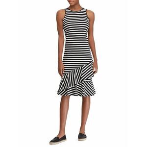 New! RALPH LAUREN Women's Striped Ruffled Hem 100% Cotton Dress Black White